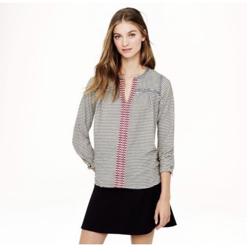 J.Crew Embroidered Peasant Top in Stripe Size Small Off White Black Red Blouse